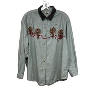 Vintage Victoria Jones Hunter Green White Striped Floral Embroidered Top Sz. 22W